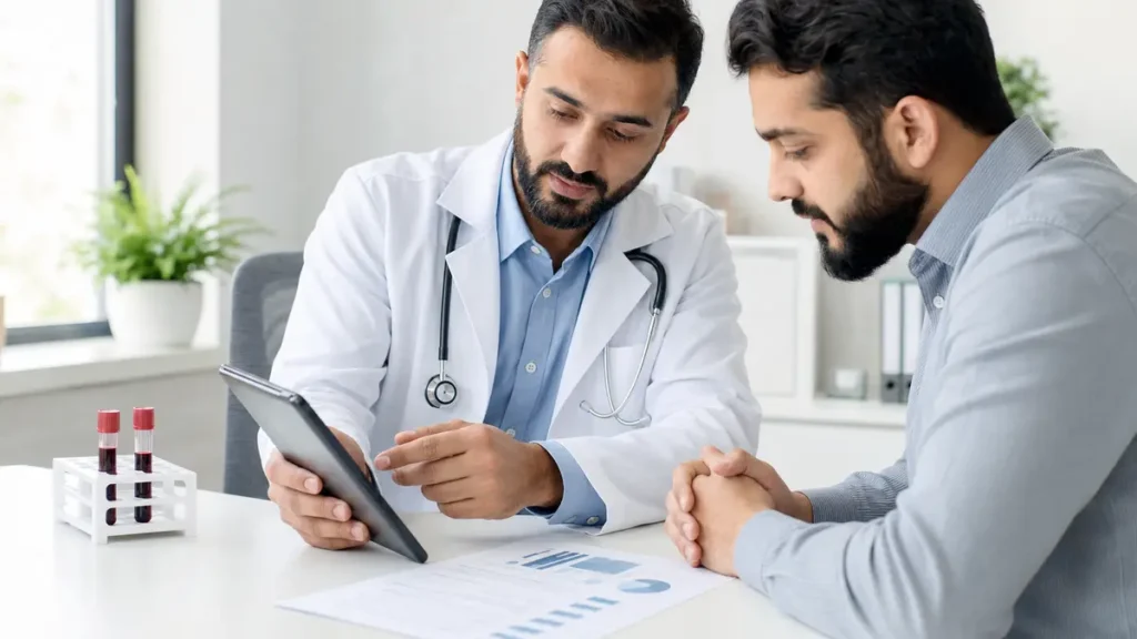 طبيب يراجع نتائج تحاليل نقص الفيتامينات مع أحد المراجعين