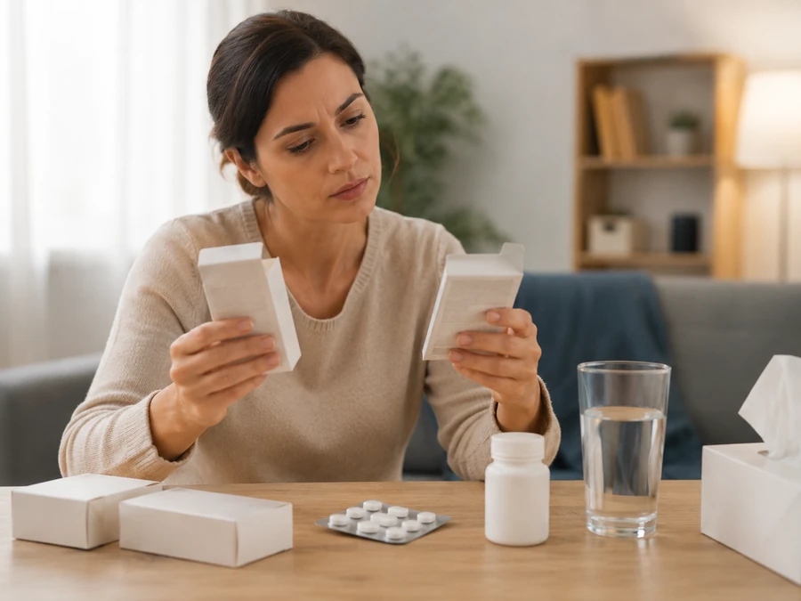 امرأة تقارن عبوات أدوية مختلفة للتأكد من عدم تكرار الباراسيتامول