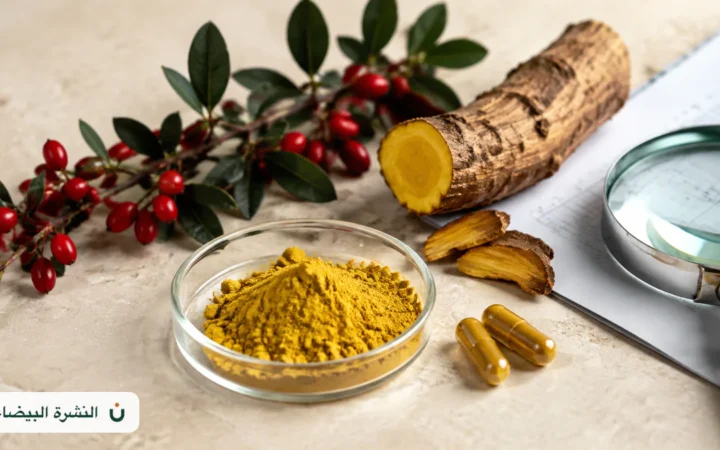 مصادر عشبة البربرين النباتية مع مسحوق البربرين وكبسولات المكمل ومرجع علمي