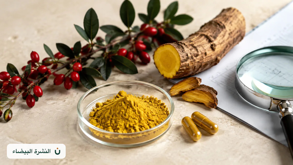 مصادر عشبة البربرين النباتية مع مسحوق البربرين وكبسولات المكمل ومرجع علمي