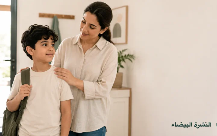 أم مع طفلها بعد عودته من المدرسة ضمن مقال عن رائحة العرق عند الأطفال