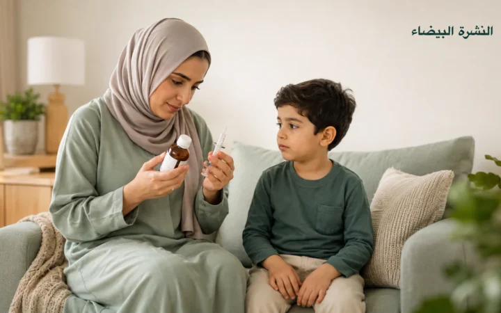 أم تراجع عبوة الدواء والسرنجة الفموية بعد أن تقيأ الطفل بعد الدواء