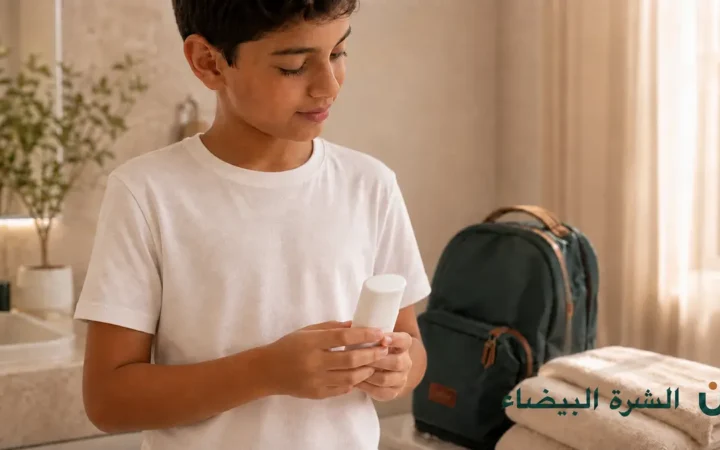 طفل يحمل عبوة مزيل عرق للأطفال أثناء الاستعداد للذهاب إلى المدرسة