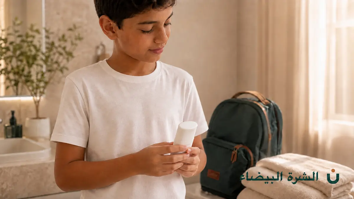 طفل يحمل عبوة مزيل عرق للأطفال أثناء الاستعداد للذهاب إلى المدرسة