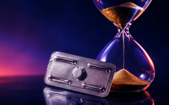 حبة منع الحمل الطارئة بجانب ساعة رملية ترمز لأهمية تناولها مبكرًا