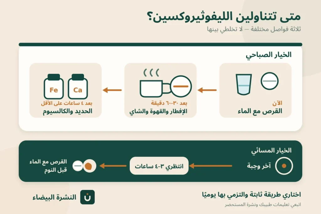 جدول توقيت دواء الغدة الدرقية قبل الأكل والقهوة والحديد والكالسيوم
