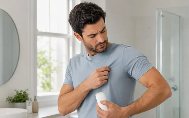 رجل يلاحظ عودة رائحة الجسم الكريهة رغم الاستحمام واستخدام مزيل العرق