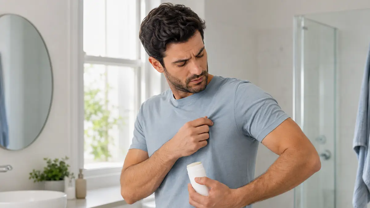 رجل يلاحظ عودة رائحة الجسم الكريهة رغم الاستحمام واستخدام مزيل العرق