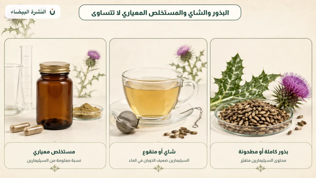 مقارنة بين بذور شوك الجمل والشاي والمستخلص المعياري للسيليمارين