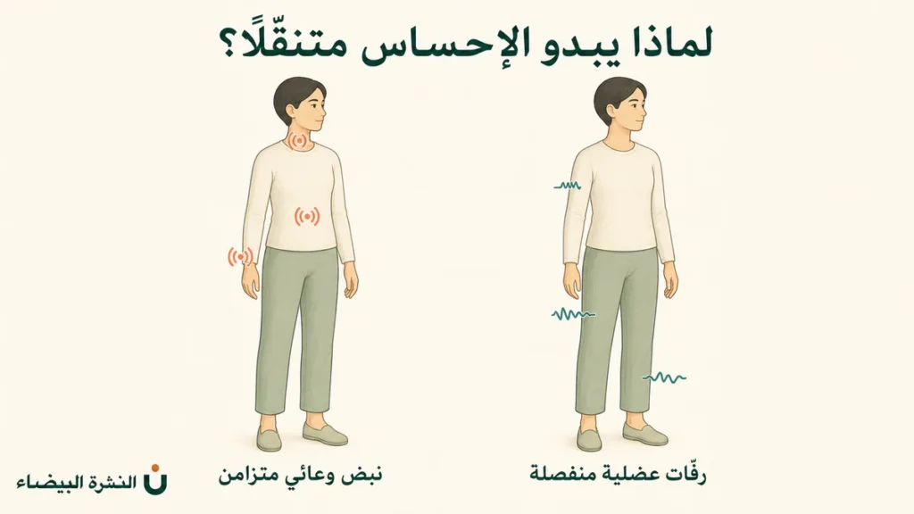 توضيح الفرق بين النبض الوعائي المتزامن والرفّات العضلية المنفصلة في أماكن مختلفة من الجسم