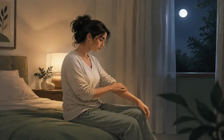 امرأة تحك ساعدها أثناء الجلوس على السرير ليلاً