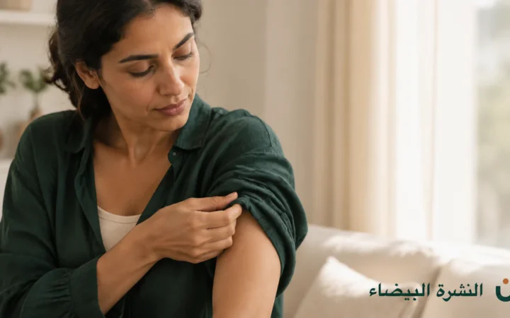 امرأة تنظر إلى ذراعها بسبب ألم الجلد عند اللمس رغم عدم وجود طفح