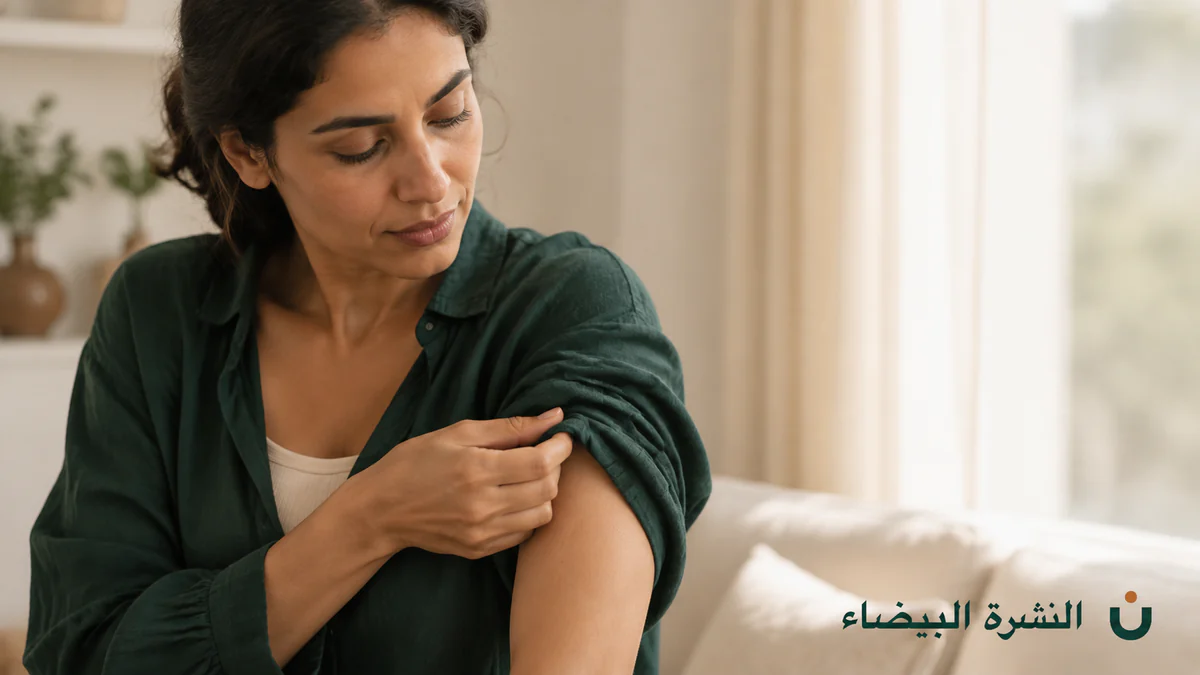 امرأة تنظر إلى ذراعها بسبب ألم الجلد عند اللمس رغم عدم وجود طفح