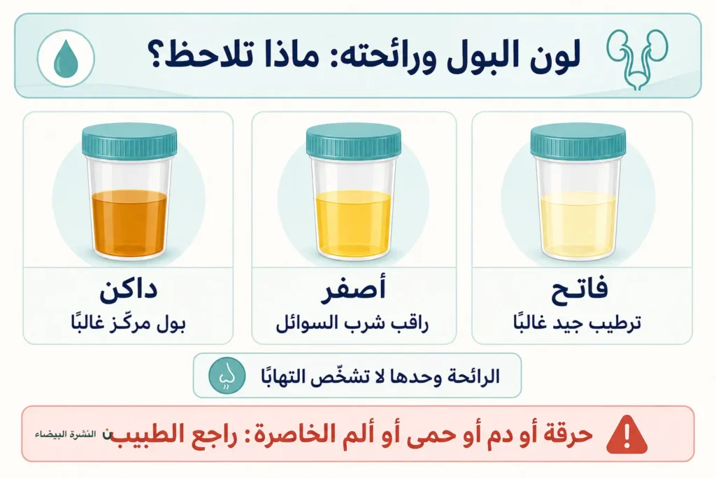 إنفوغرافيك يوضح درجات لون البول وعلاقتها بالترطيب ومتى تستدعي الأعراض مراجعة الطبيب