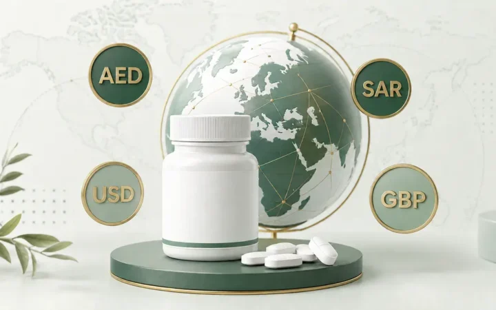 عبوة أقراص ترمز إلى اختلاف سعر حبوب ويجوفي بين الإمارات والسعودية وأمريكا
