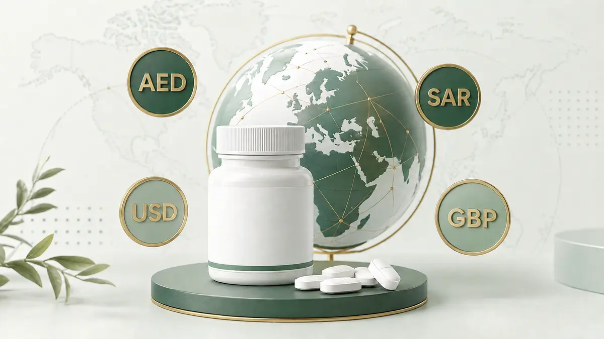 عبوة أقراص ترمز إلى اختلاف سعر حبوب ويجوفي بين الإمارات والسعودية وأمريكا