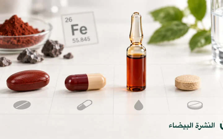 مقارنة أفضل أنواع حبوب الحديد بأشكال الأقراص والكبسولات والأمبولات الفموية مع شعار النشرة البيضاء