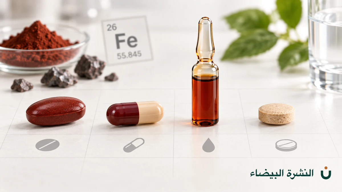 مقارنة أفضل أنواع حبوب الحديد بأشكال الأقراص والكبسولات والأمبولات الفموية مع شعار النشرة البيضاء