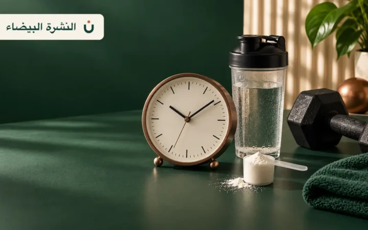 أفضل وقت لتناول الكرياتين موضح بساعة بجانب مكيال كرياتين وعبوة ماء ودمبل