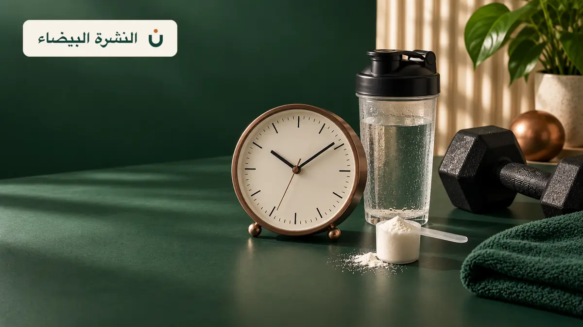 أفضل وقت لتناول الكرياتين موضح بساعة بجانب مكيال كرياتين وعبوة ماء ودمبل