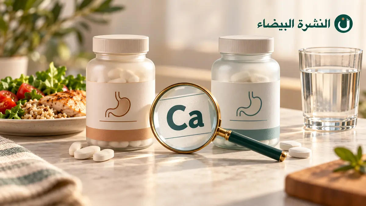 كربونات الكالسيوم أم سترات الكالسيوم؟ عبوتان للمكملات بجانب طبق طعام وكوب ماء، وعدسة تكبّر رمز Ca للدلالة على الكالسيوم العنصري.