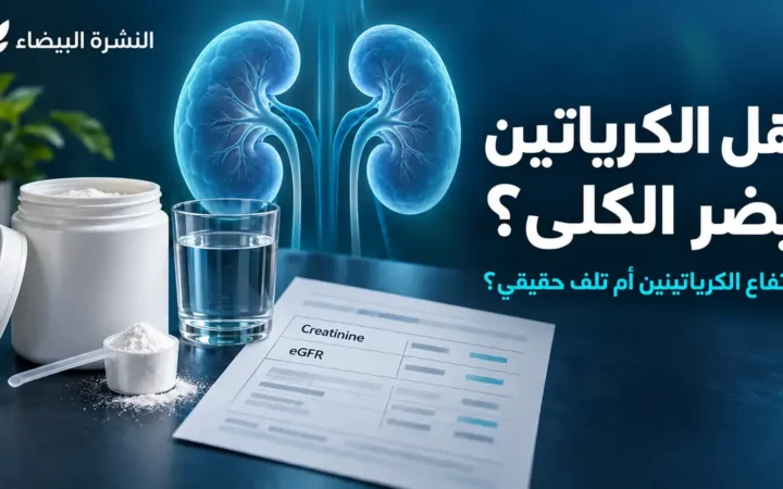 هل الكرياتين يضر الكلى؟ عبوة كرياتين بجانب تحليل الكرياتينين وeGFR ورسم توضيحي للكليتين