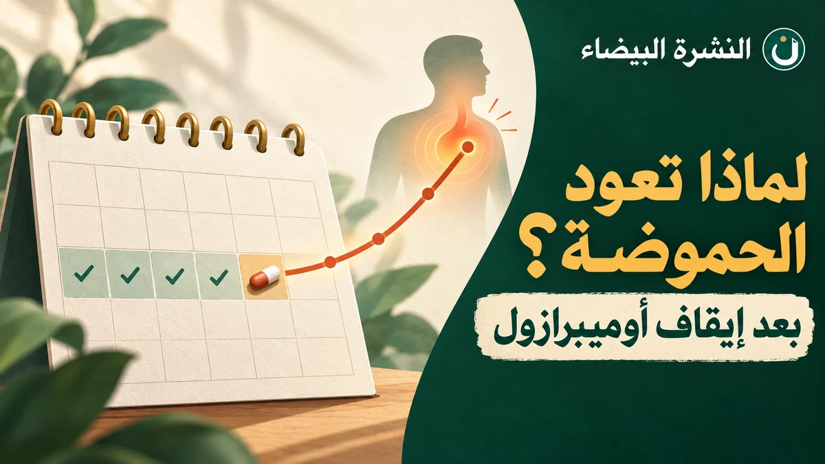 عودة الحموضة بعد إيقاف أوميبرازول: تقويم يوضح نهاية تناول الدواء وخطًا يصعد نحو موضع الحرقة في الصدر