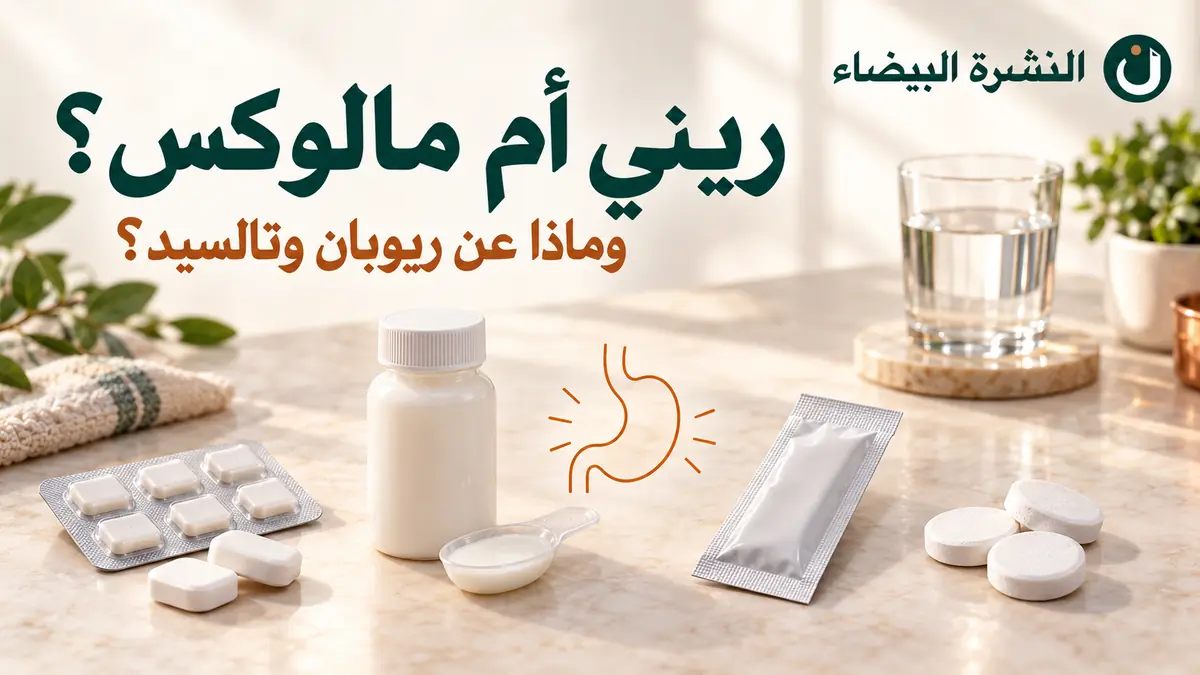 ريني أم مالوكس؟ صورة مقارنة مع ريوبان وتالسيد تعرض أقراصًا وزجاجة معلّق وكيس جل حول رسم للمعدة